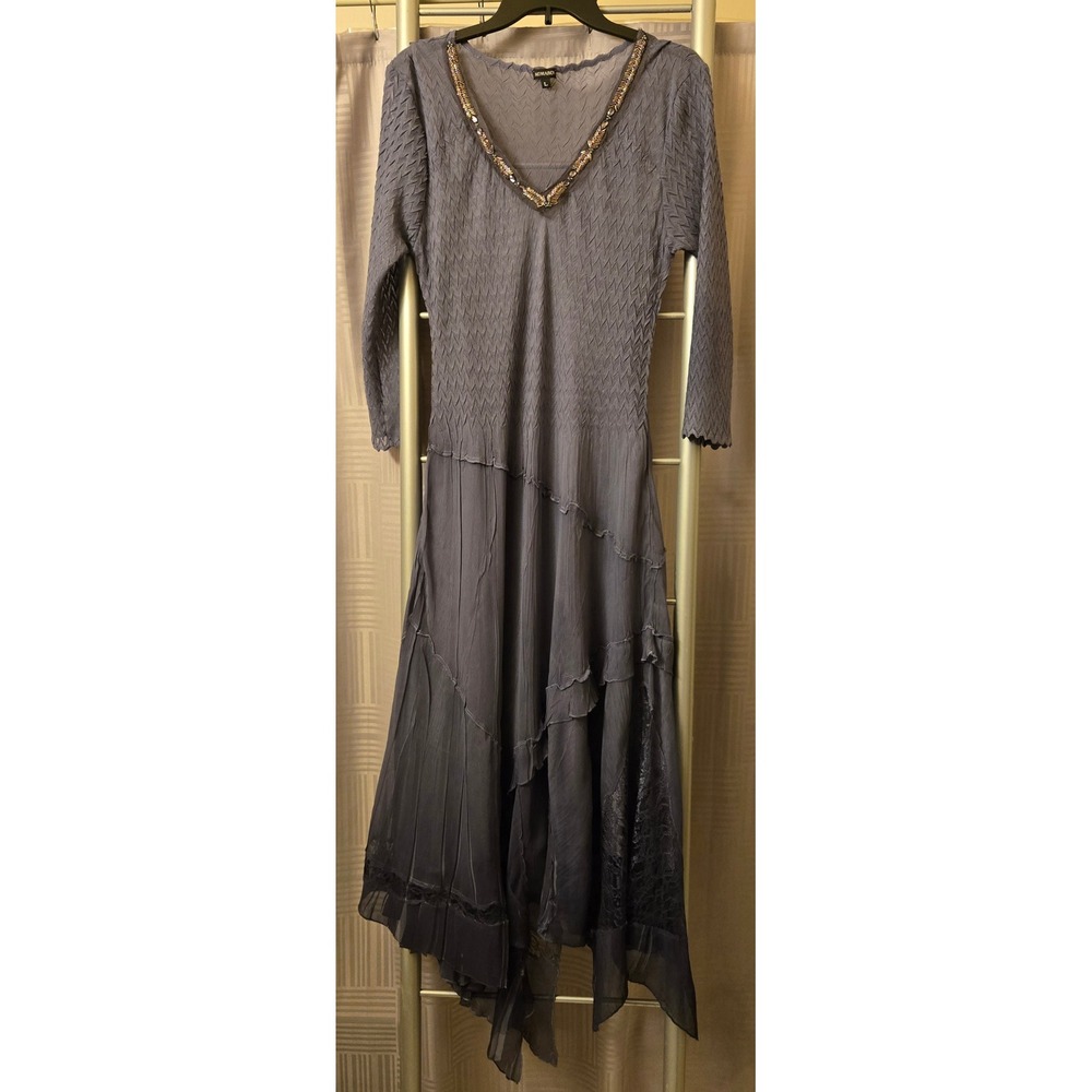 Komarov Womens Large Gray Ombre Pleated Beaded VNeck Handkerchief Hem Midi Dress
